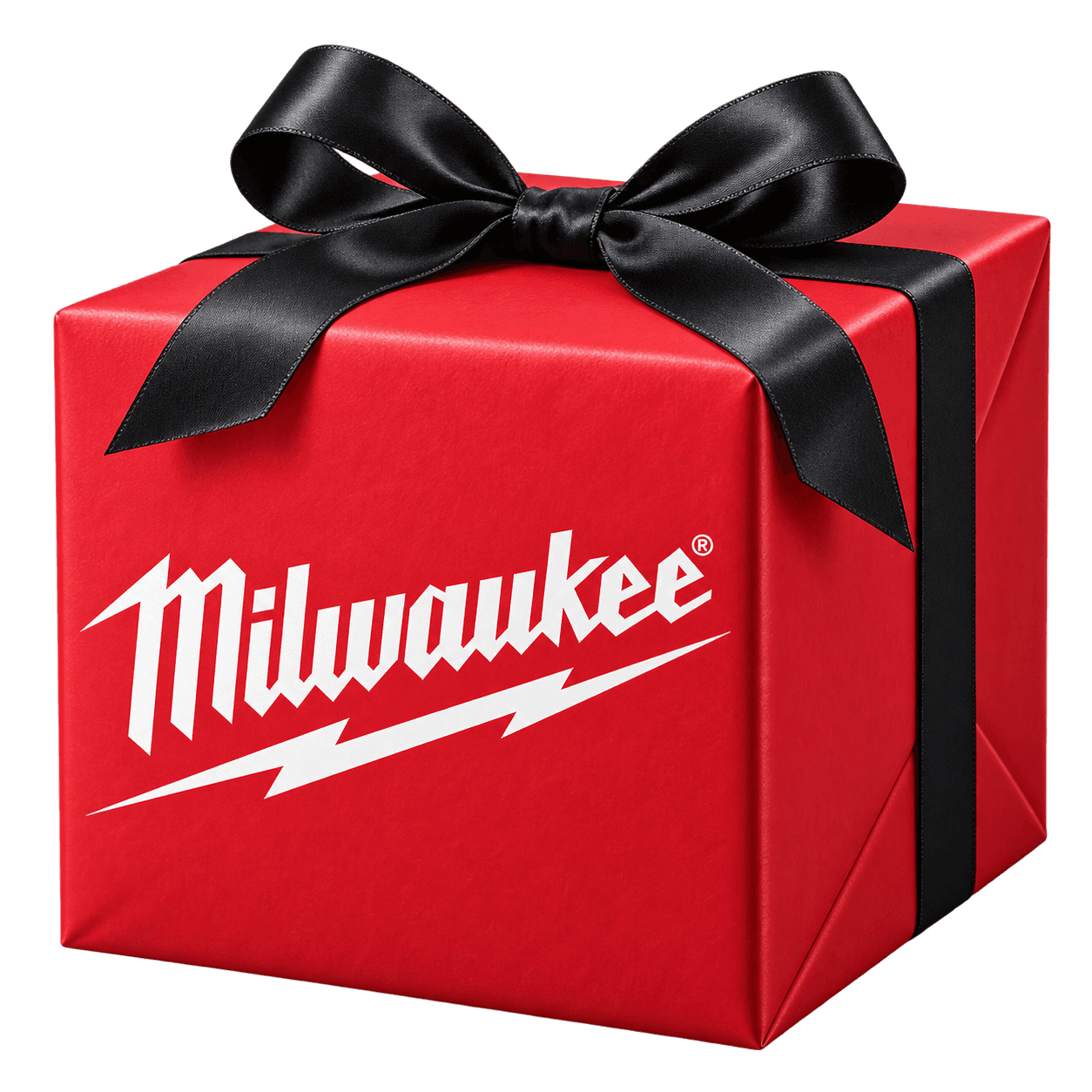 Cadeau mystère emballé en rouge Milwaukee avec un ruban noir